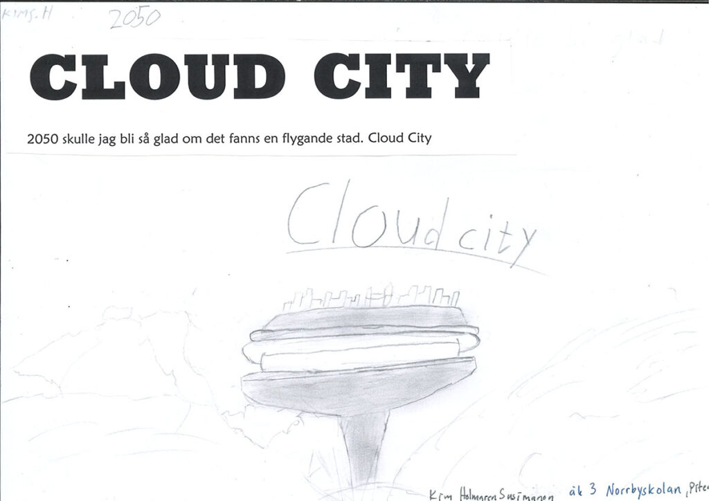 En teckning av en molnstad.