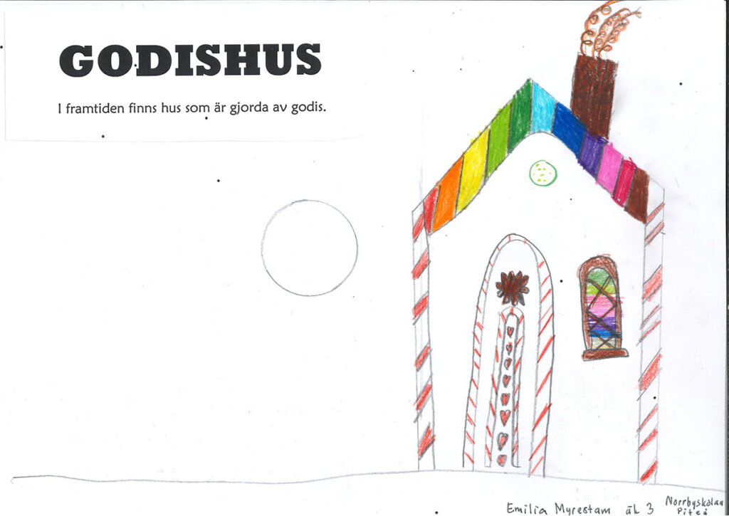 Teckning föreställande ett hus av godis.