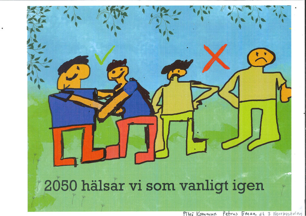 Teckning av personer som hälsar som vanligt.