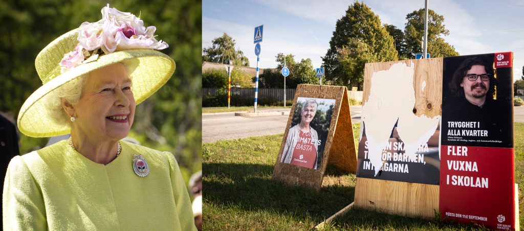 Kollage på drottning Elizabeth och förstörda valaffischer